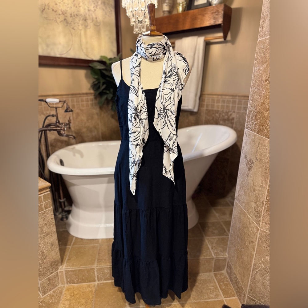 Joie Black Midi Dress with White Floral Scarf size 10